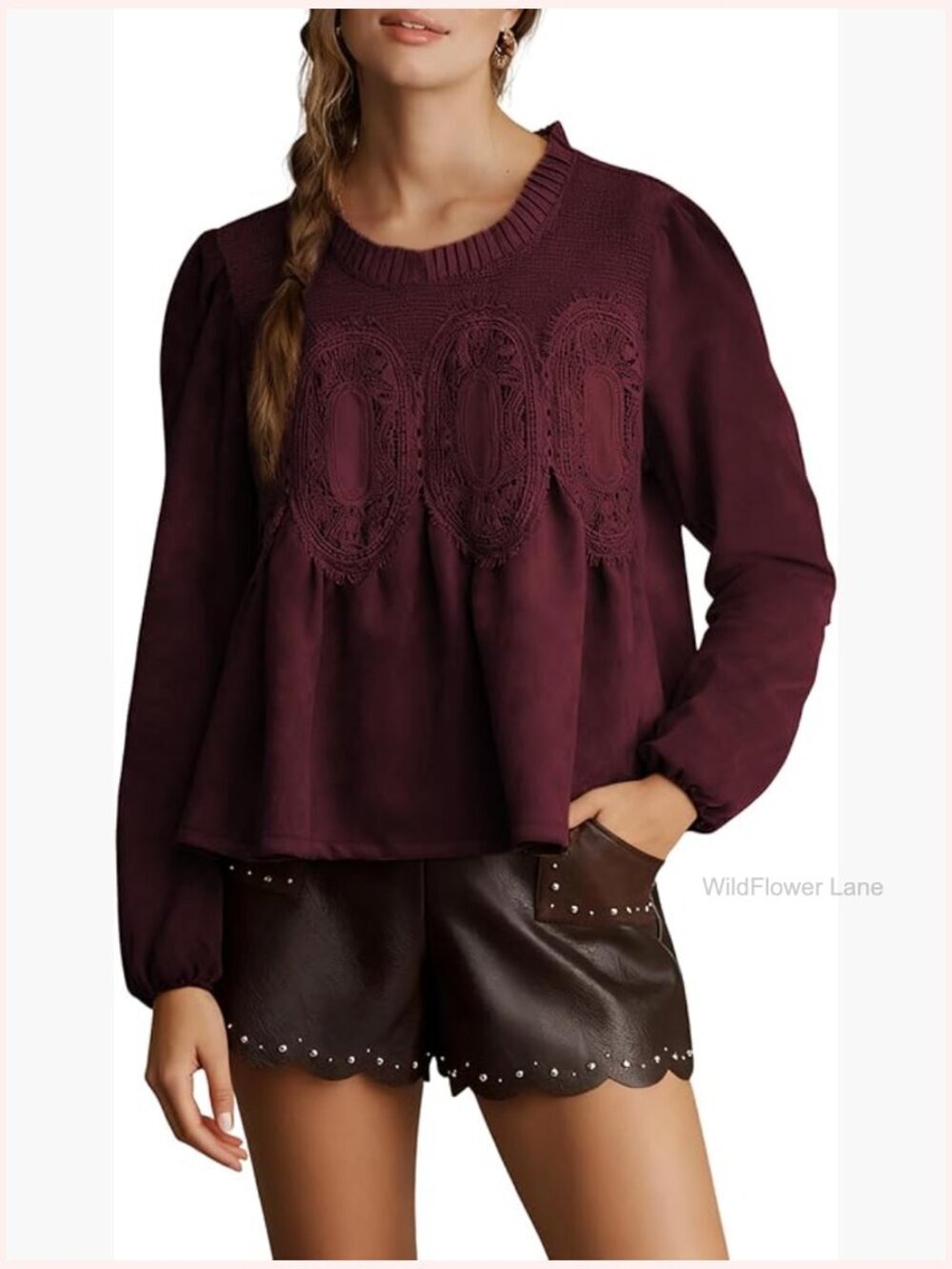 Faux Suede Lace Peplum Babydoll Top Long Puff Sleeves Crew Neck Flared Swing